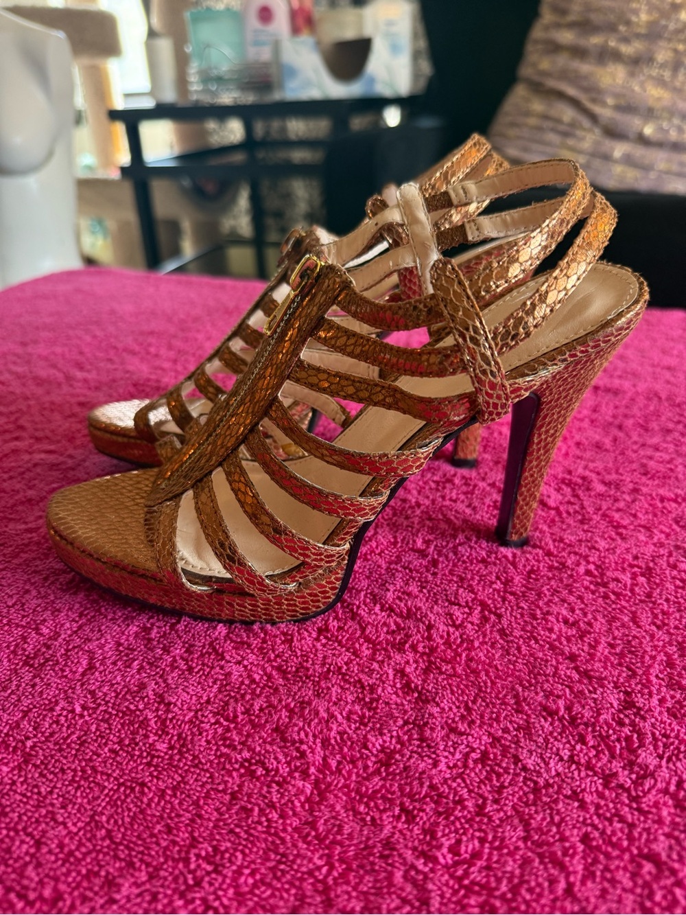 Styluxe Metallic Copper Cage Strappy High Heels